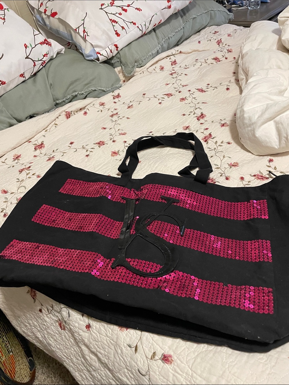 Victoria's Secret Black Tote with Pink Sequin Stripes